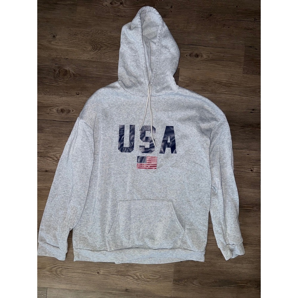 SHEIN Mens USA Flag Graphic Hoodie XL Heather Gray Fleece Pullover Pocket